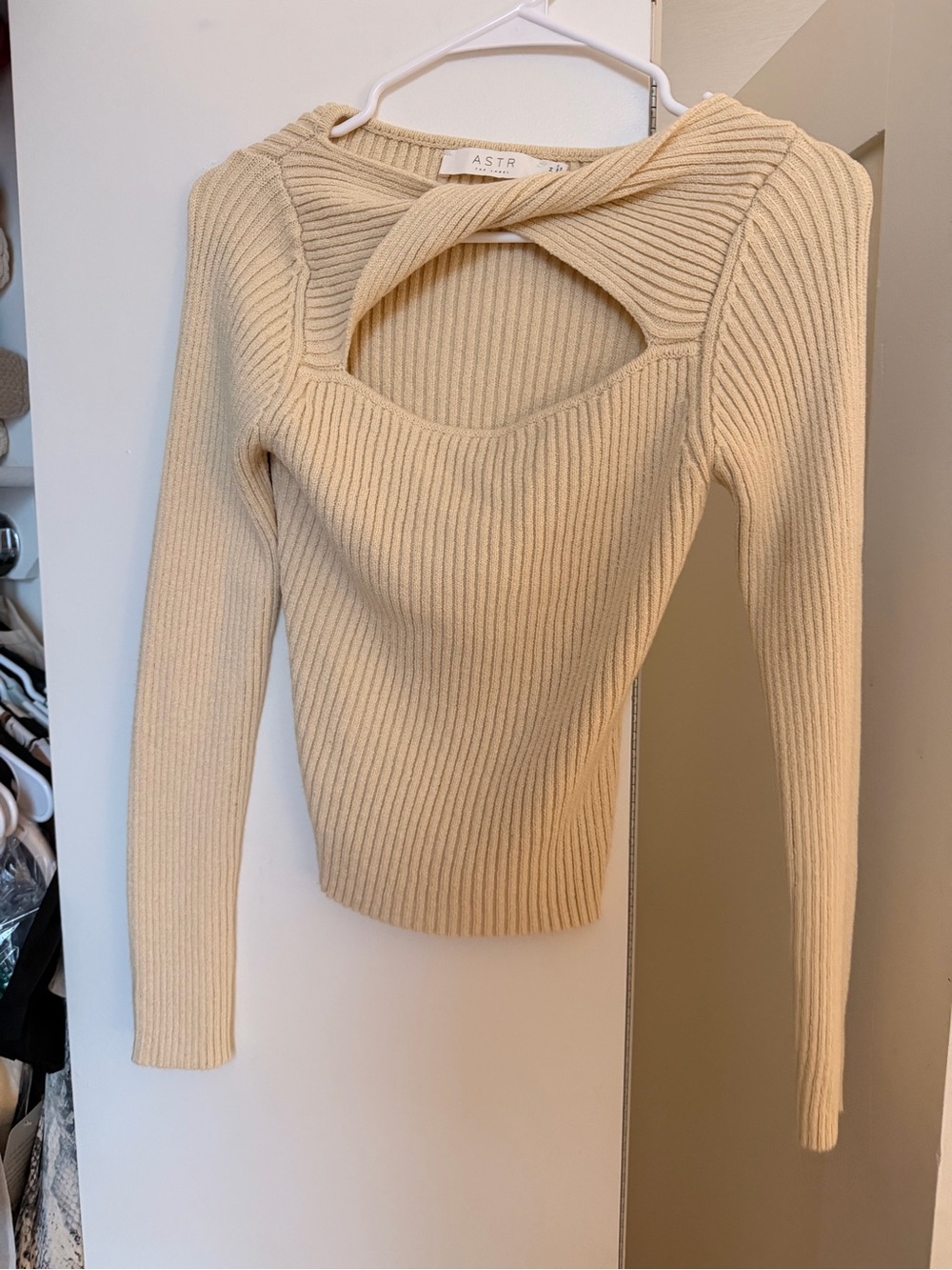 Astr Off-Shoulder Cream Ribbed Cutout Sweater